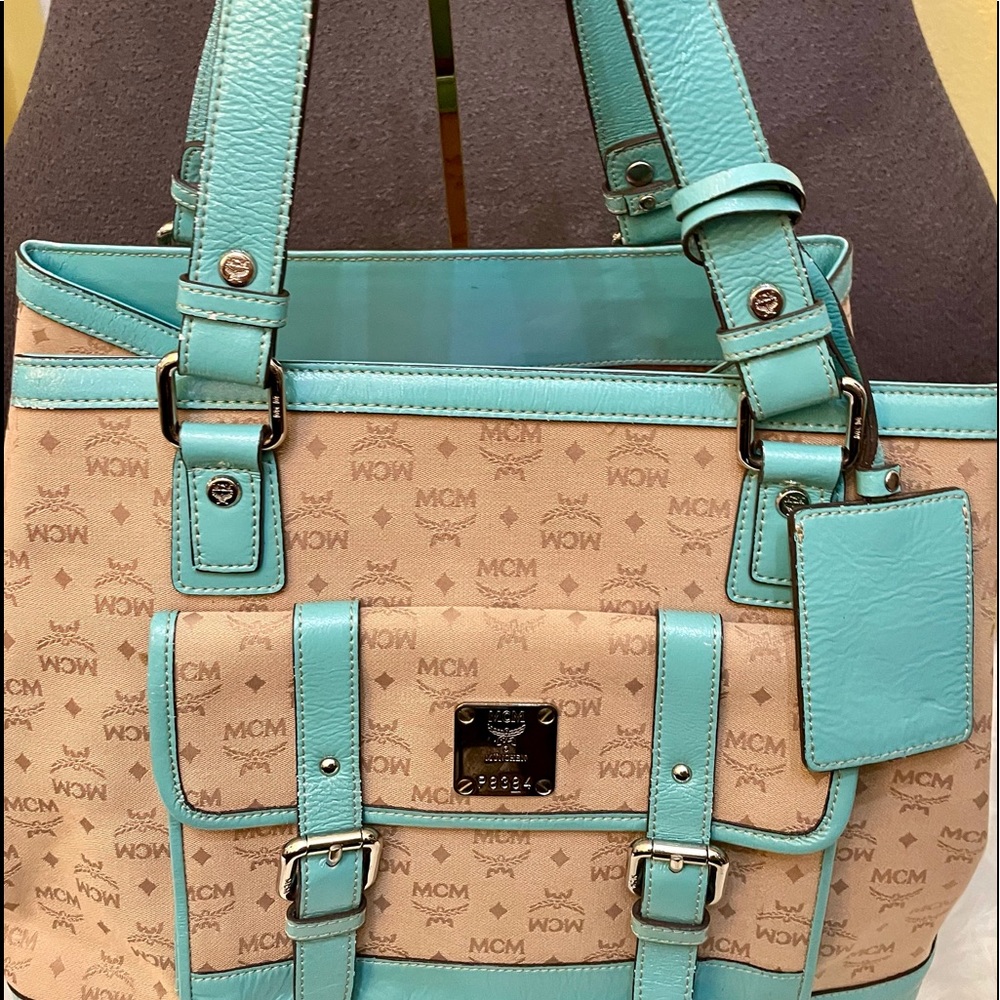 MCM monogram Visets Beige and Torquise tote